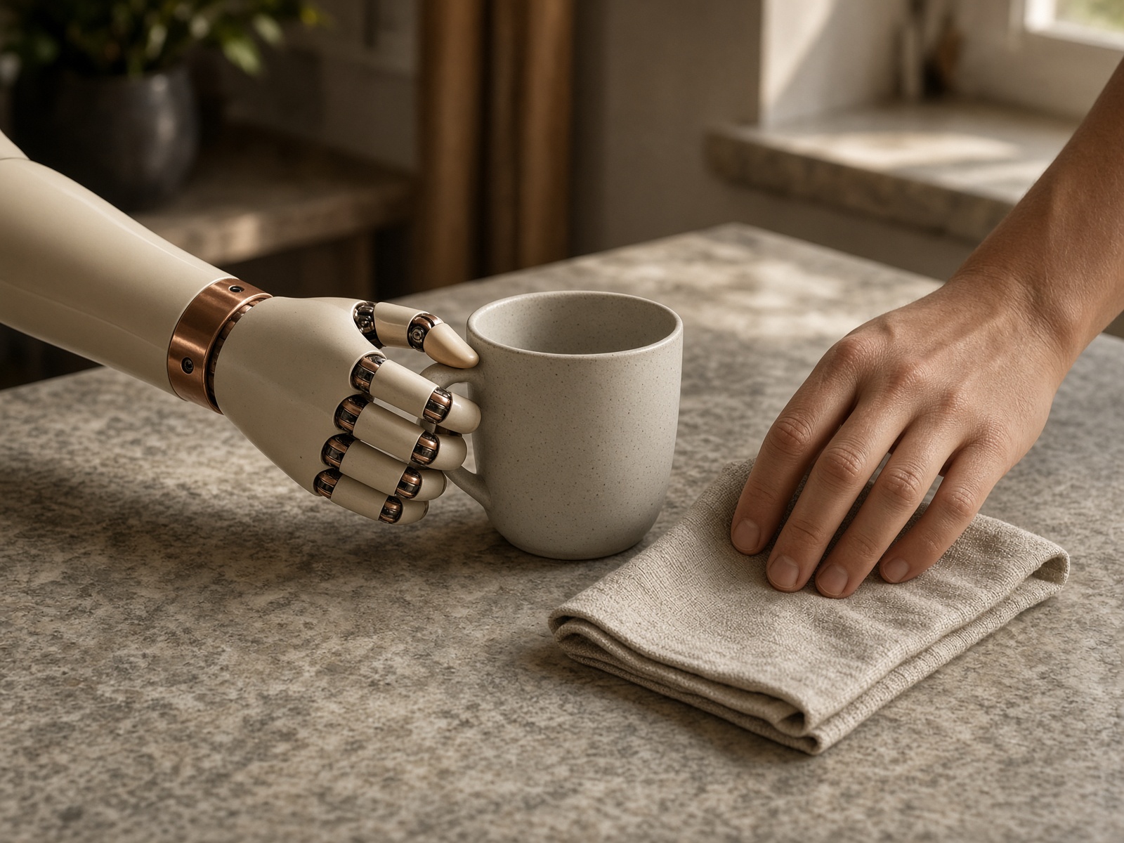 A prosthetic hand holding a mug beside a natural hand on a kitchen counter