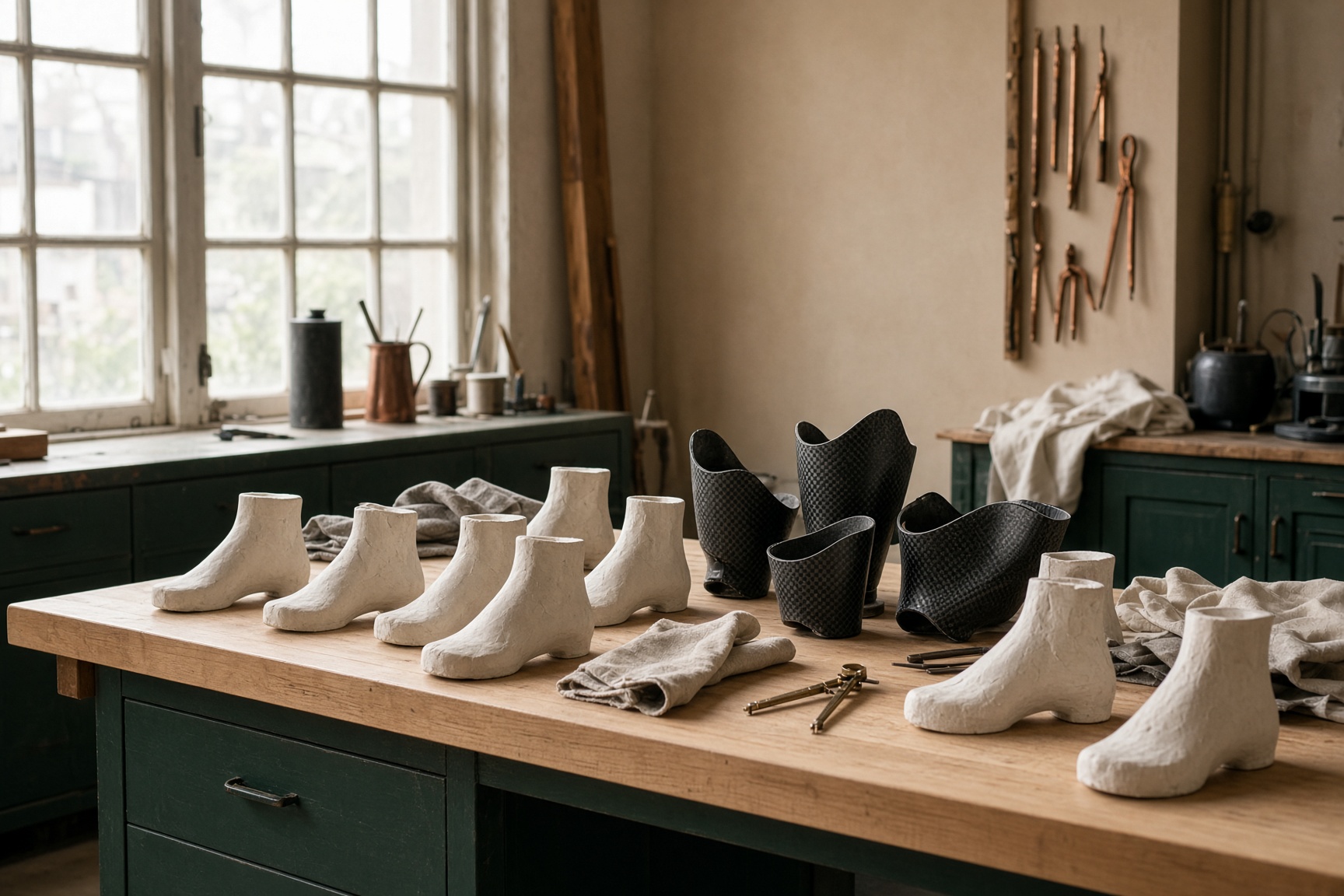 Plaster foot models and carbon-fiber sockets on a wood bench in a fabrication lab